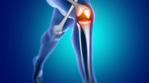 3D render of a male medical figure running with knee bone highlighted